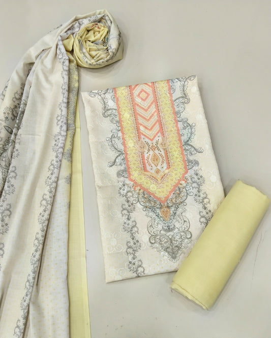 Designer Printed Cotton Unstitched Suit - Lemon