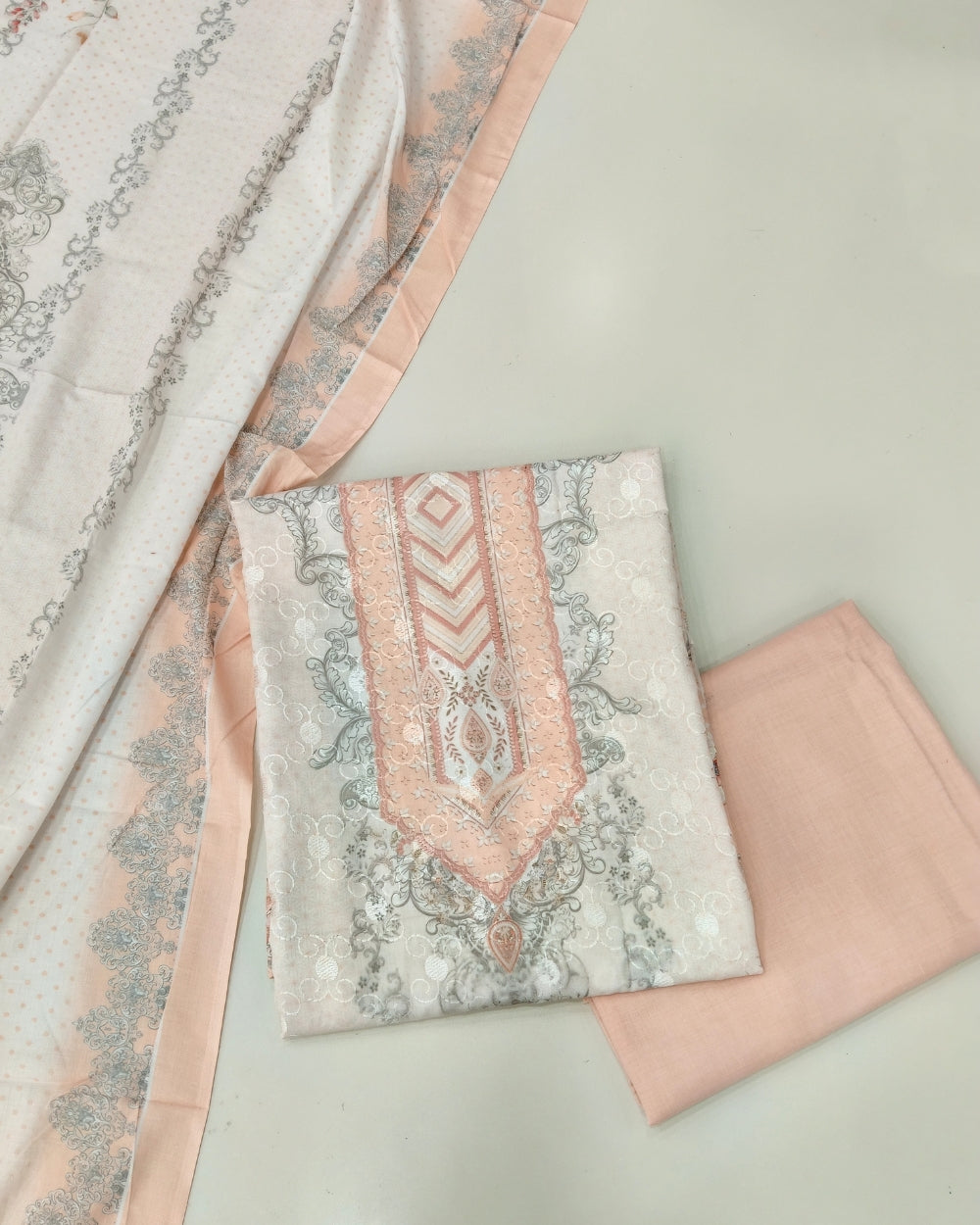 Designer Printed Cotton Unstitched Suit - Peach