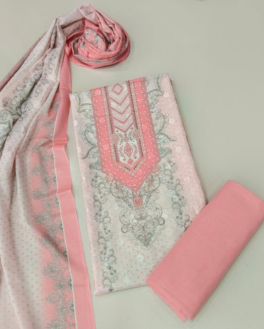 Designer Printed Cotton Unstitched Suit - Pink