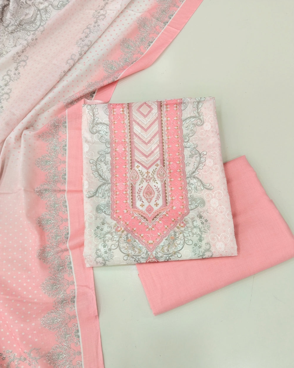 Designer Printed Cotton Unstitched Suit - Pink