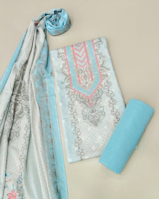 Designer Printed Cotton Unstitched Suit - Sky Blue