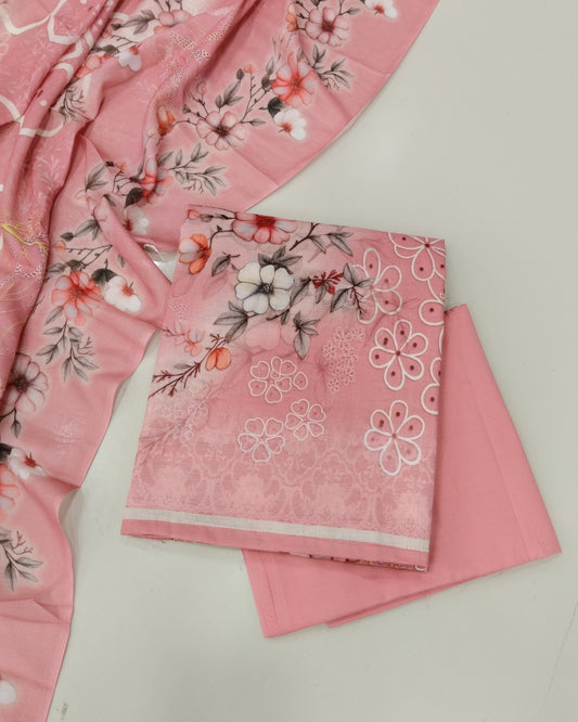 Designer Printed Cotton Unstitched Suit Set - Peach
