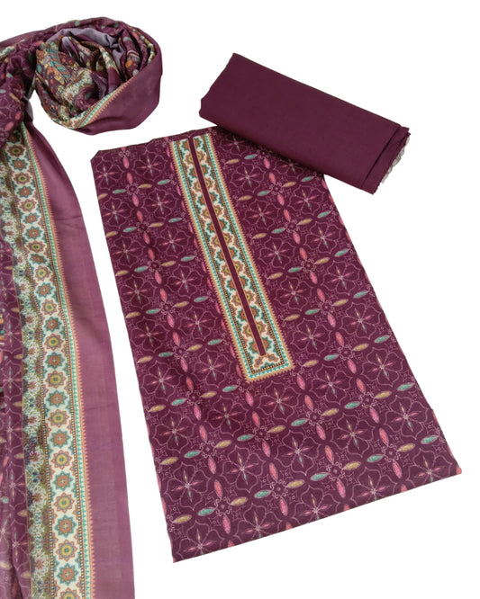 Designer Printed Cotton Unstitched Suit Set - Wine II