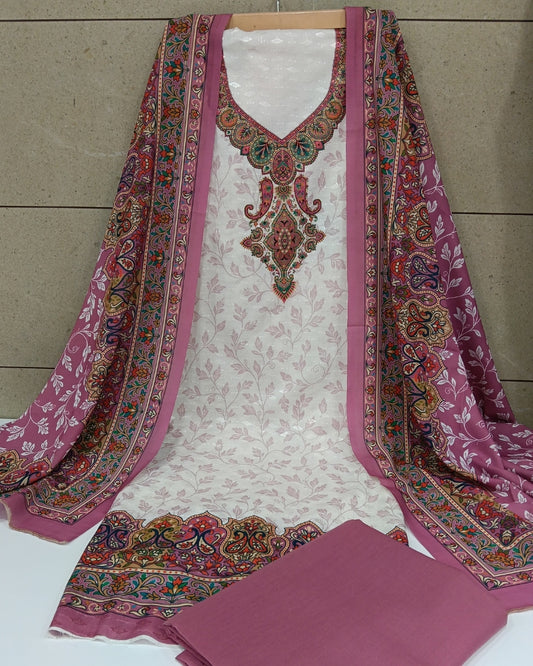 Cotton Printed Chikankari Unstitched Suit Set - Mauve