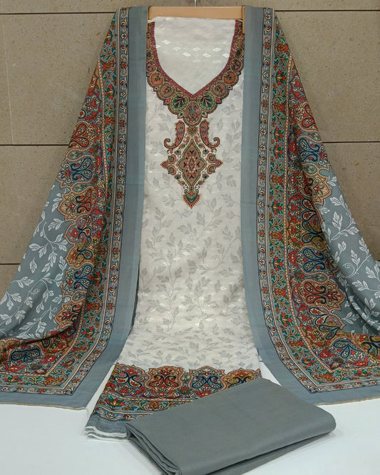 Cotton Printed Chikankari Unstitched Suit Set - Grey