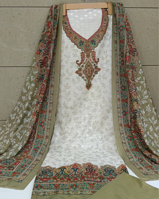 Cotton Printed Unstitched Suit Set - Olive Green