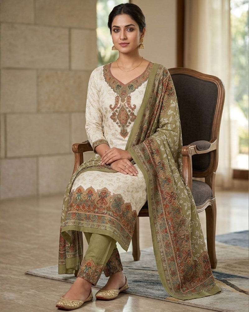 Cotton Printed Unstitched Suit Set - Olive Green