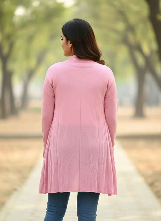 KRITI Women’s Long Knit Shrug – Premium Wool Blend | Lightweight Winter Layer | Stylish Pink Color Open-Front Shrug for Everyday Wear