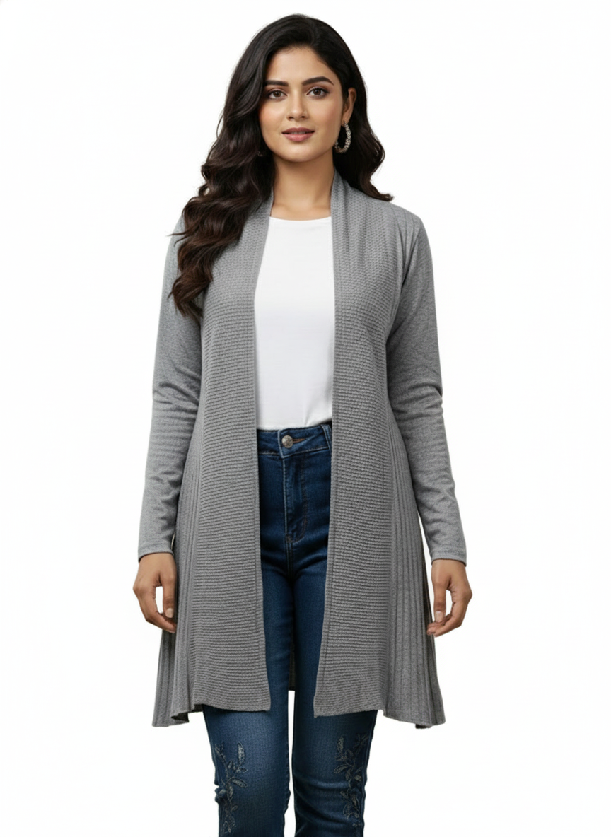 KRITI Women’s Long Knit Shrug – Premium Wool Blend | Lightweight Winter Layer | Stylish Grey Color Open-Front Shrug for Everyday Wear