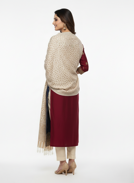 KRITI Floral Design Warm Woolen Off White Color Shawl for Women