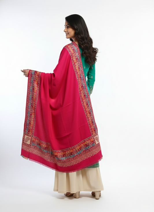 KRITI Border Design Woolen Rani Color Shawl for Women