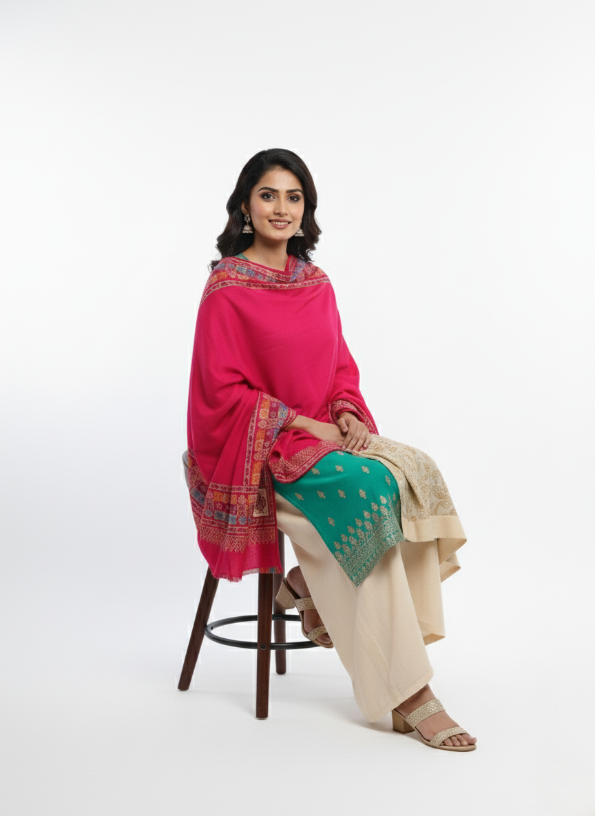 KRITI Border Design Woolen Rani Color Shawl for Women