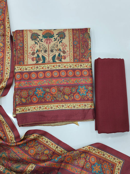 Designer Winter Woolen Unstitched Suit - Maroon