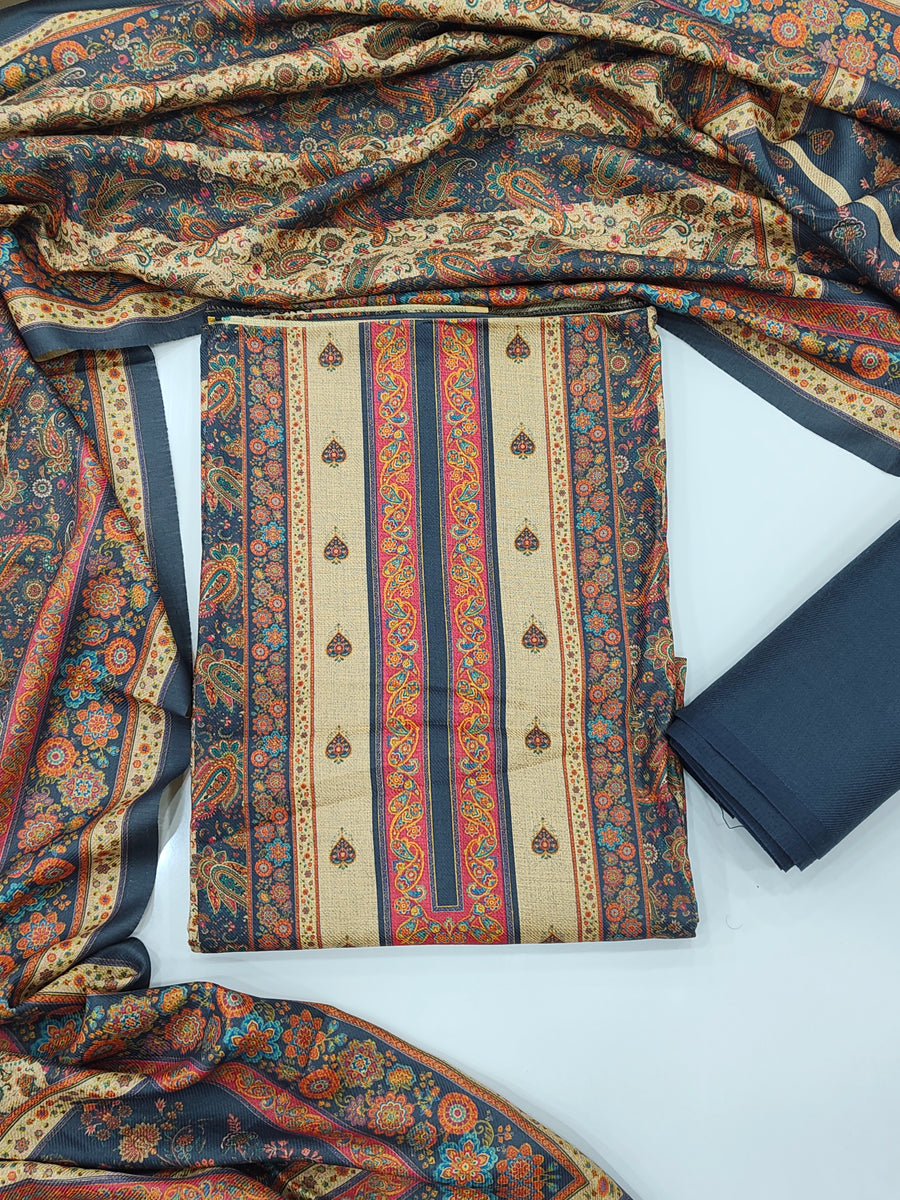 Designer Winter Woolen Unstitched Suit - Grey