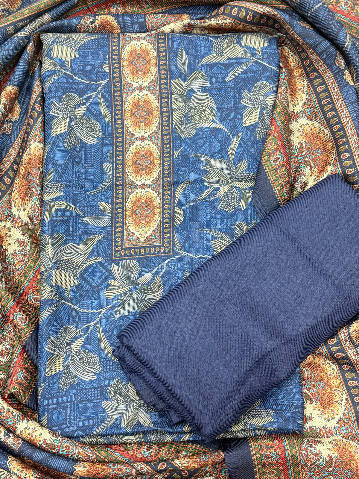 Designer Winter Woolen Unstitched Suit Set- Navy