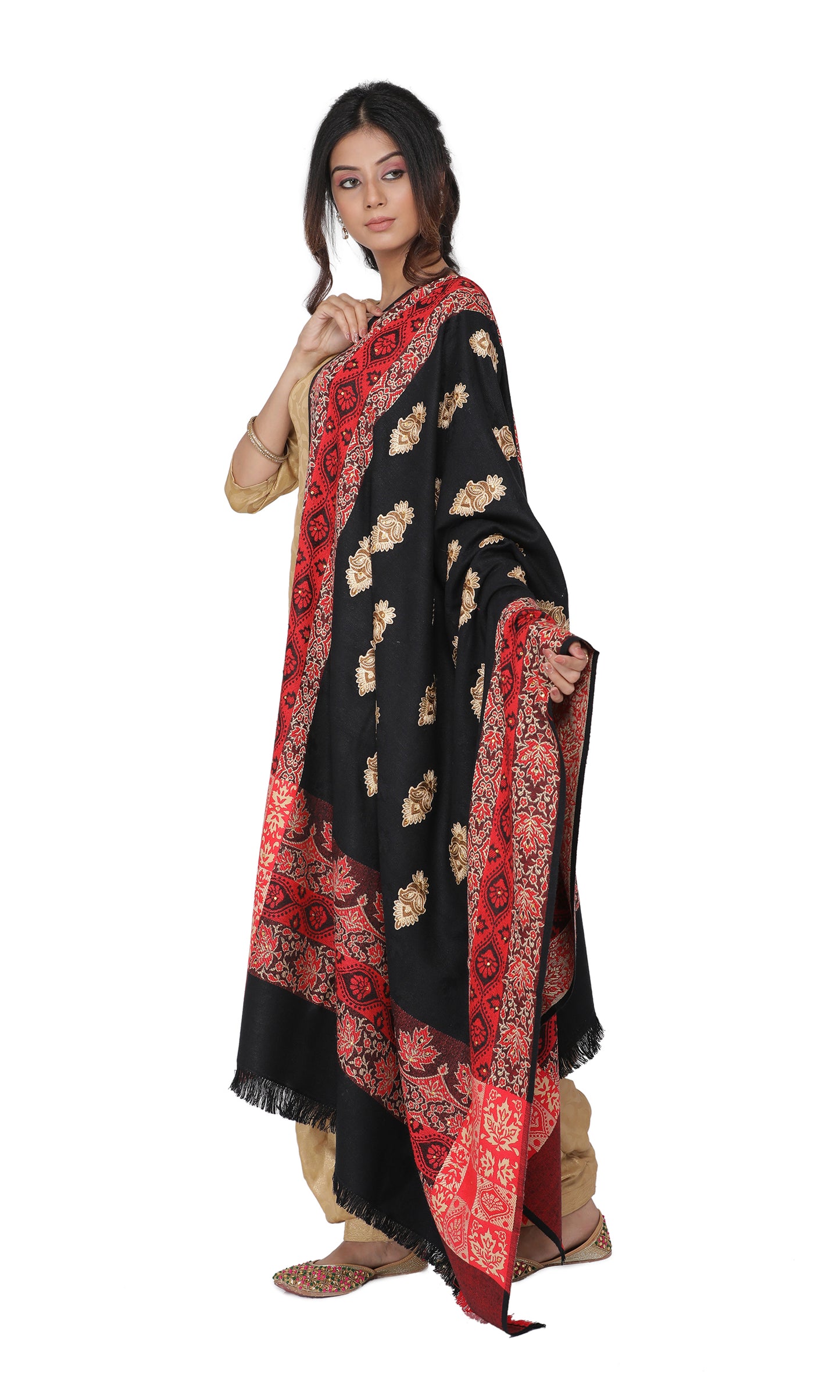 KRITI Paisley Border Design Woolen Black Color Shawl For Women