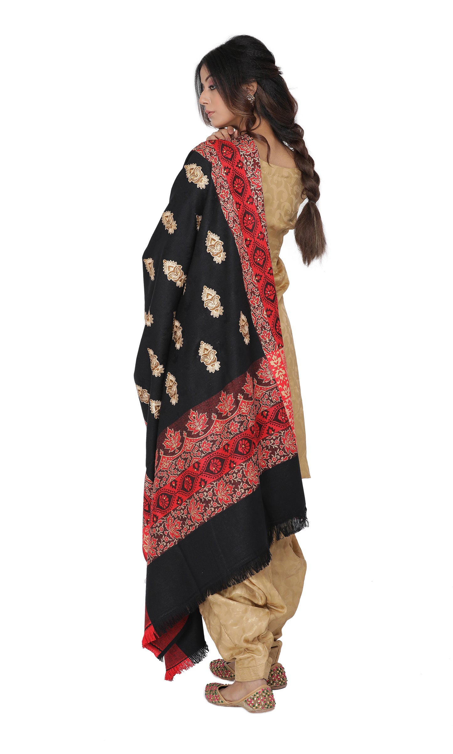 KRITI Paisley Border Design Woolen Black Color Shawl For Women