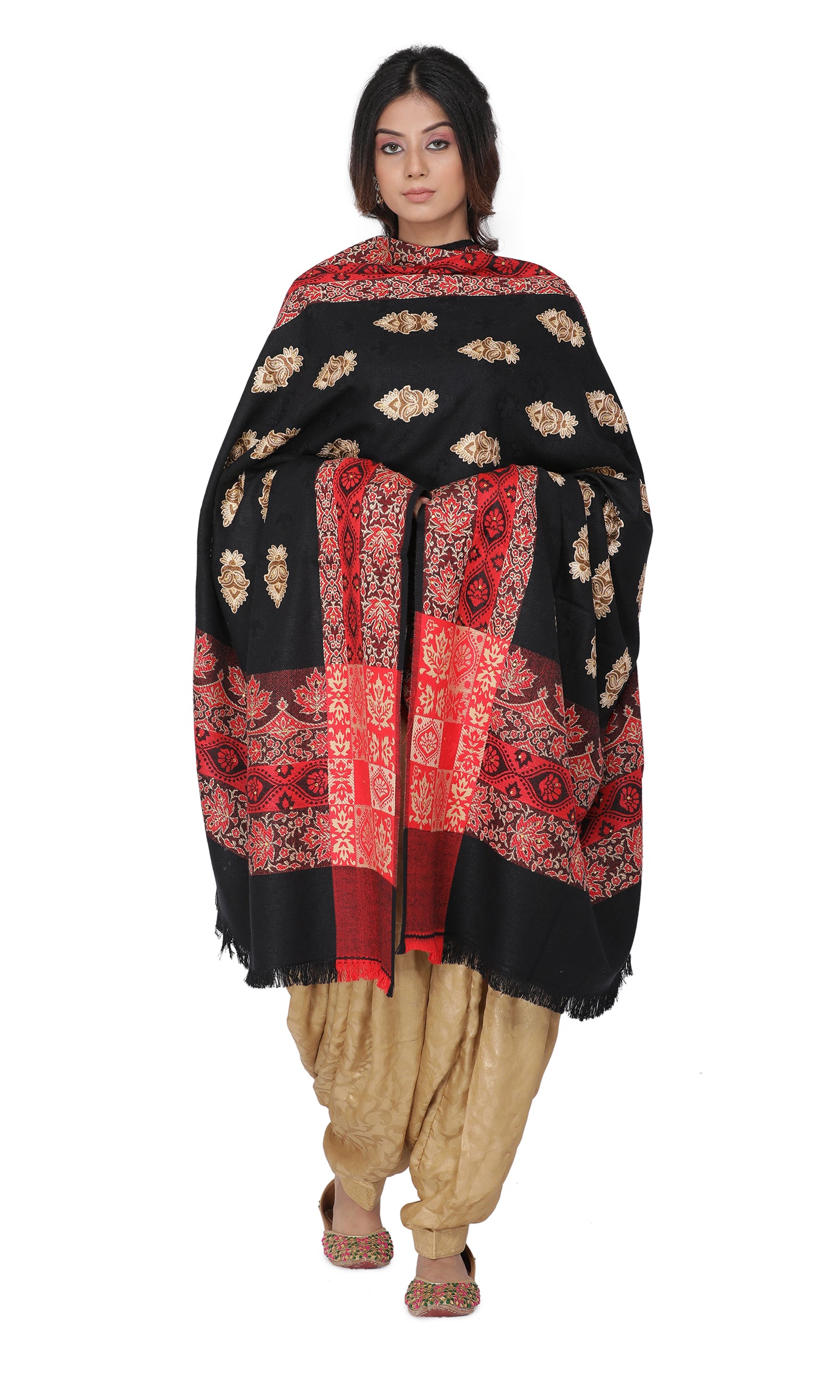 KRITI Paisley Border Design Woolen Black Color Shawl For Women