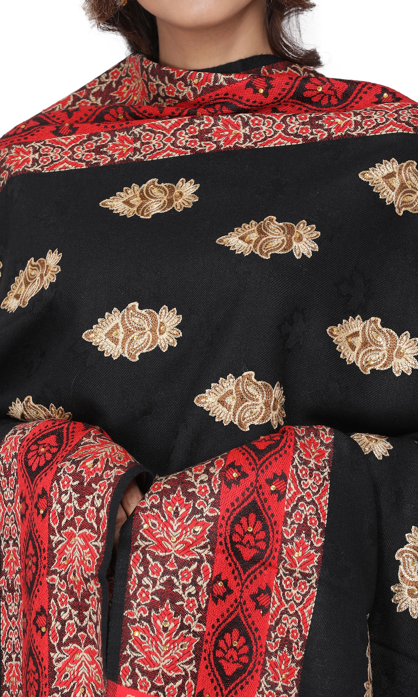 KRITI Paisley Border Design Woolen Black Color Shawl For Women