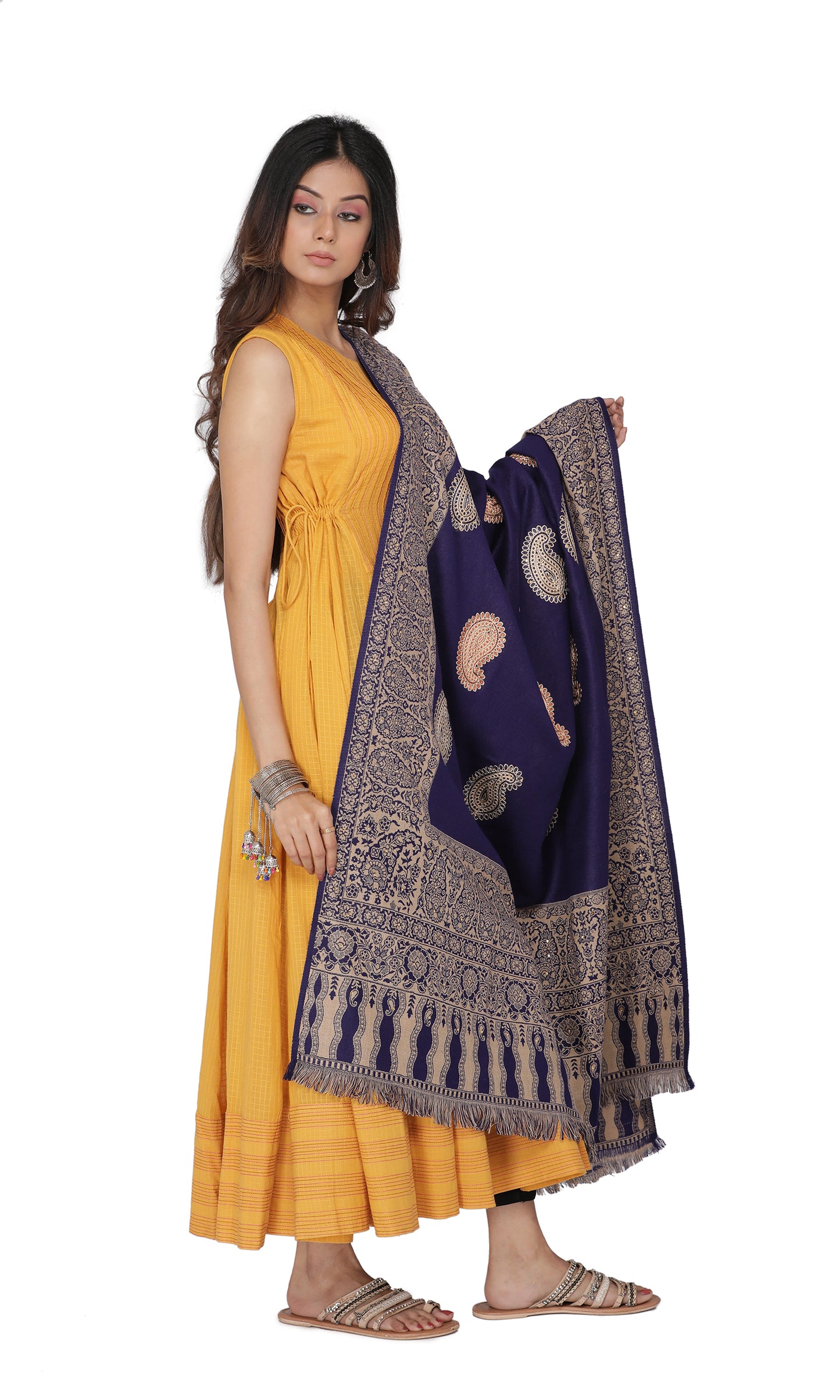 KRITI Paisley Border Design Woolen Navy Color Shawl For Women