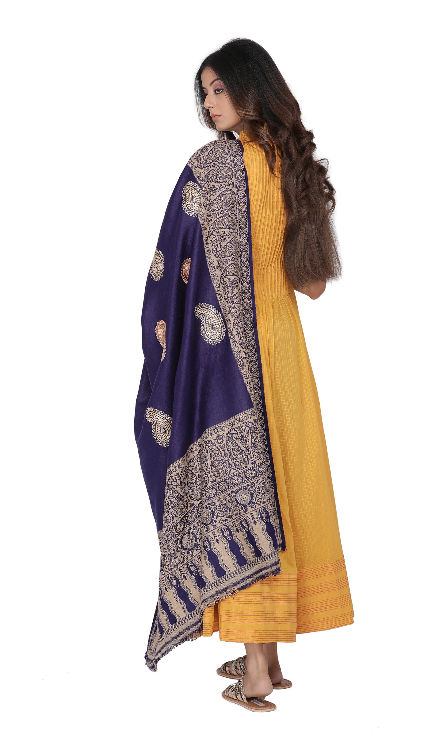 KRITI Paisley Border Design Woolen Navy Color Shawl For Women