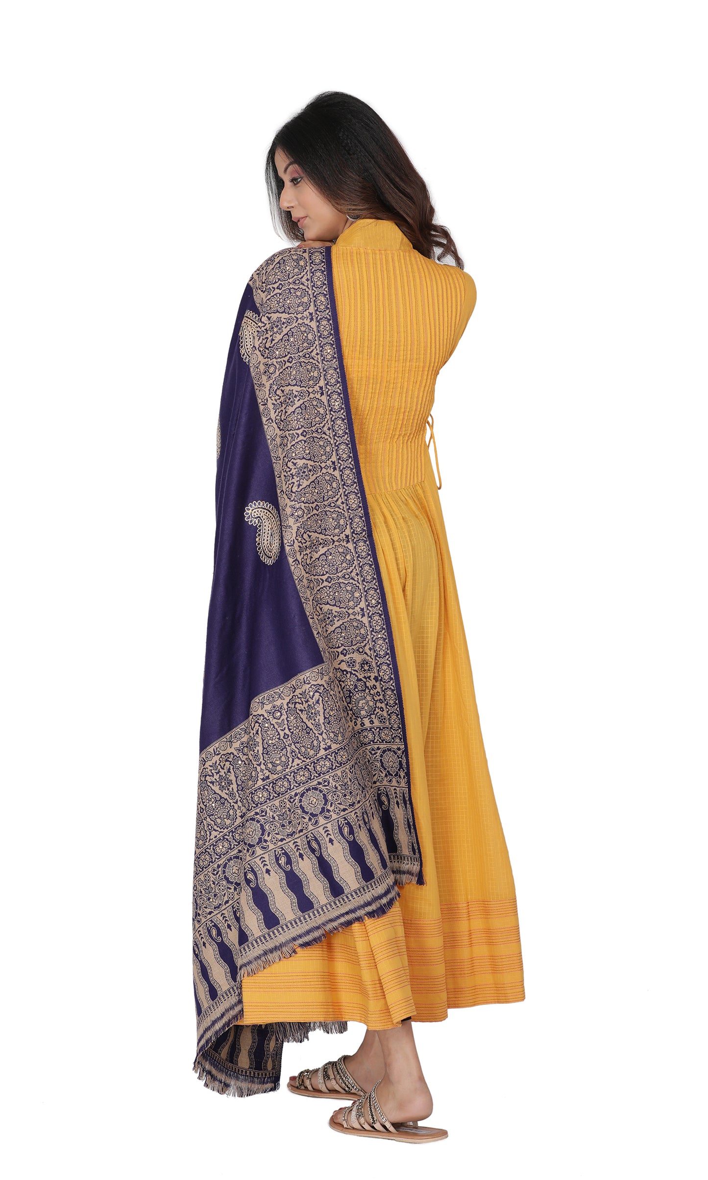 KRITI Paisley Border Design Woolen Navy Color Shawl For Women