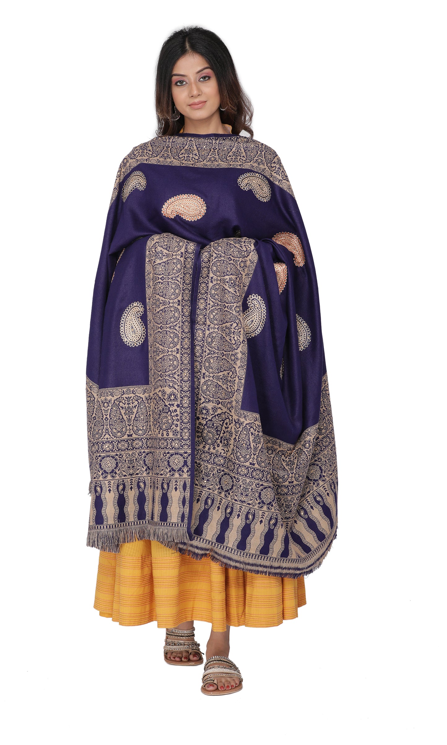 KRITI Paisley Border Design Woolen Navy Color Shawl For Women