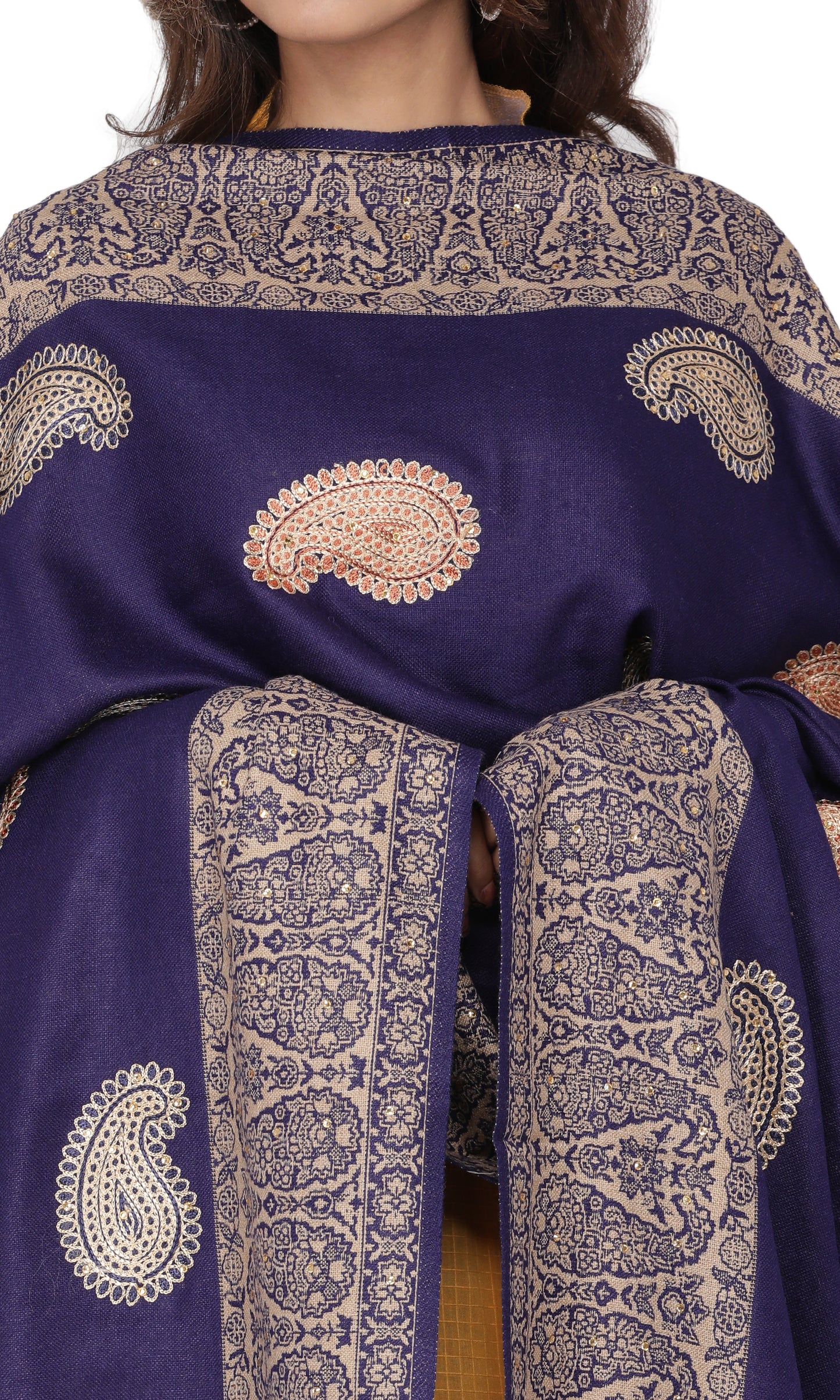 KRITI Paisley Border Design Woolen Navy Color Shawl For Women