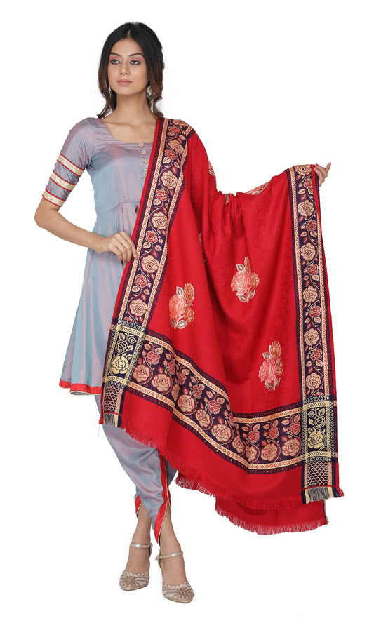 KRITI Golden Motif Border Woollen  Red Color Shawl  for Women