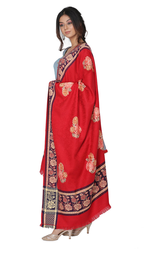 KRITI Golden Motif Border Woollen  Red Color Shawl  for Women