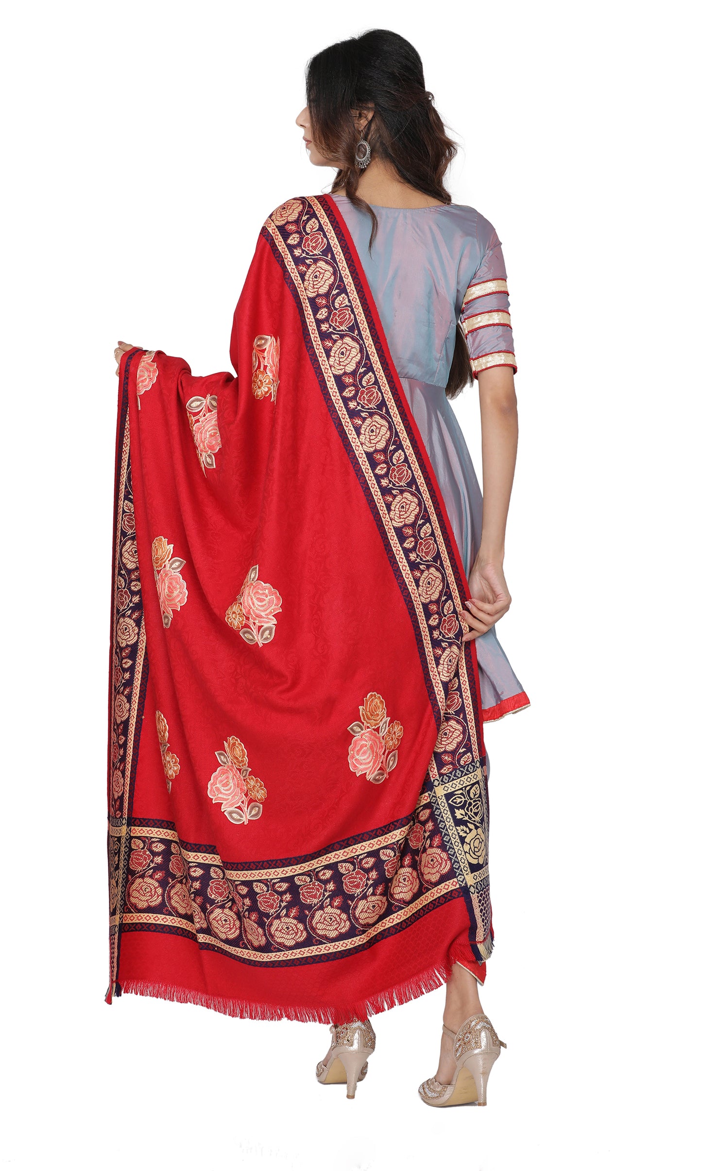 KRITI Golden Motif Border Woollen  Red Color Shawl  for Women