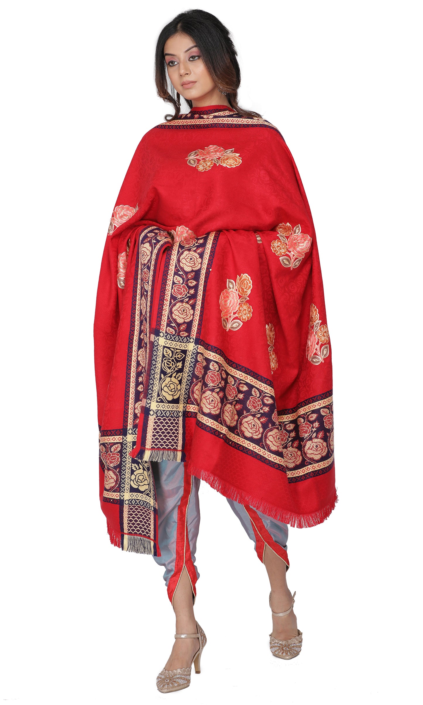 KRITI Golden Motif Border Woollen  Red Color Shawl  for Women