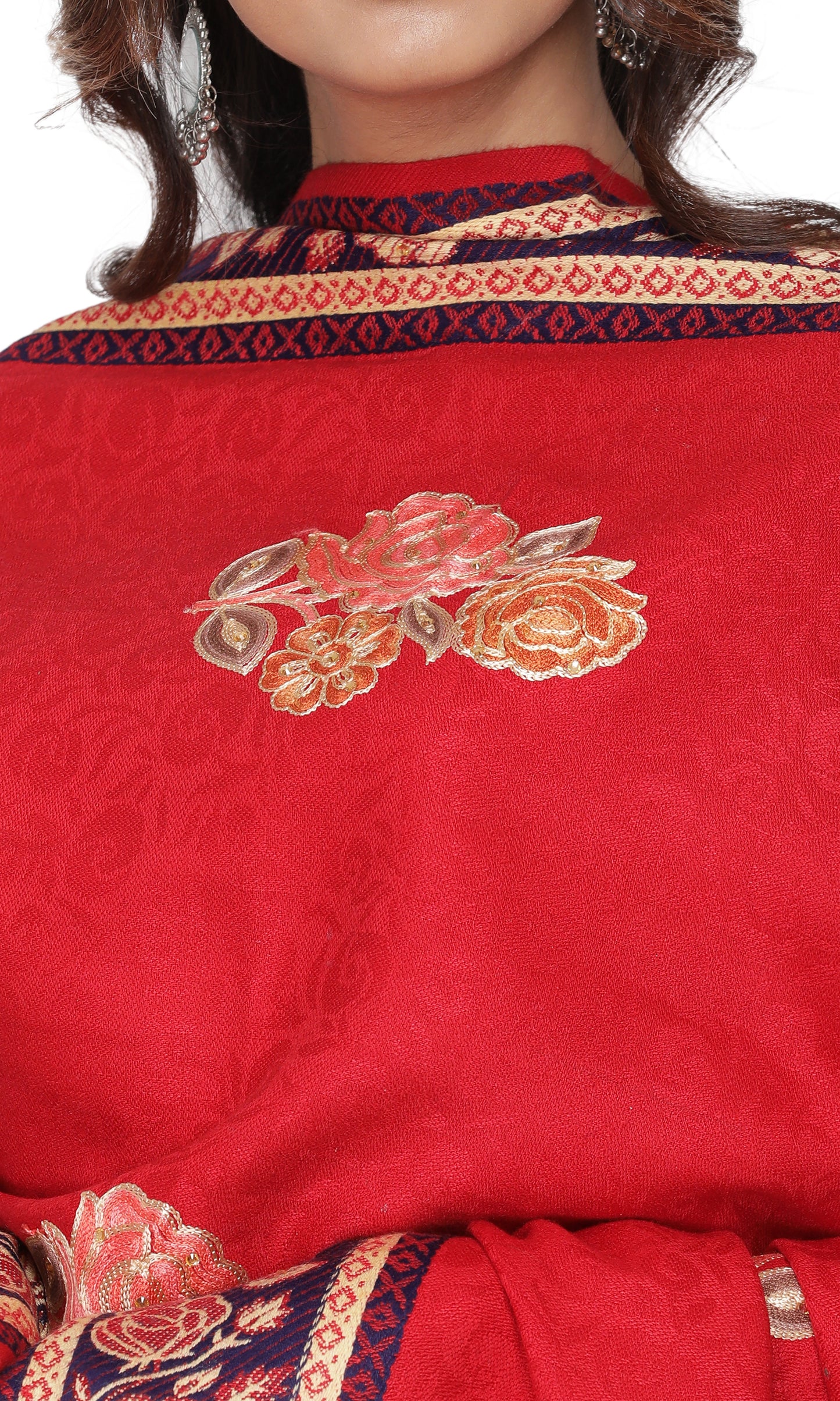 KRITI Golden Motif Border Woollen  Red Color Shawl  for Women