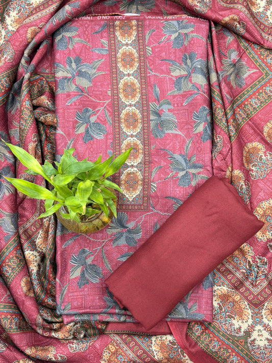 Designer Winter Woolen Unstitched Suit Set- Maroon