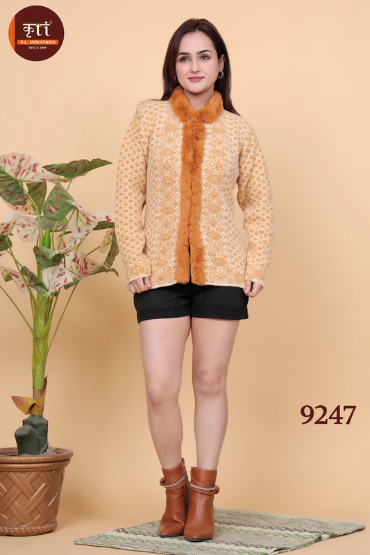 KRITI Winter Fur Collar Hair Top Orange Color For Women