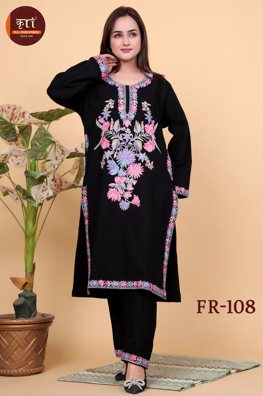 KRITI Winter Kashmiri Floral Embroidery Woollen Phiran Black Color For Women