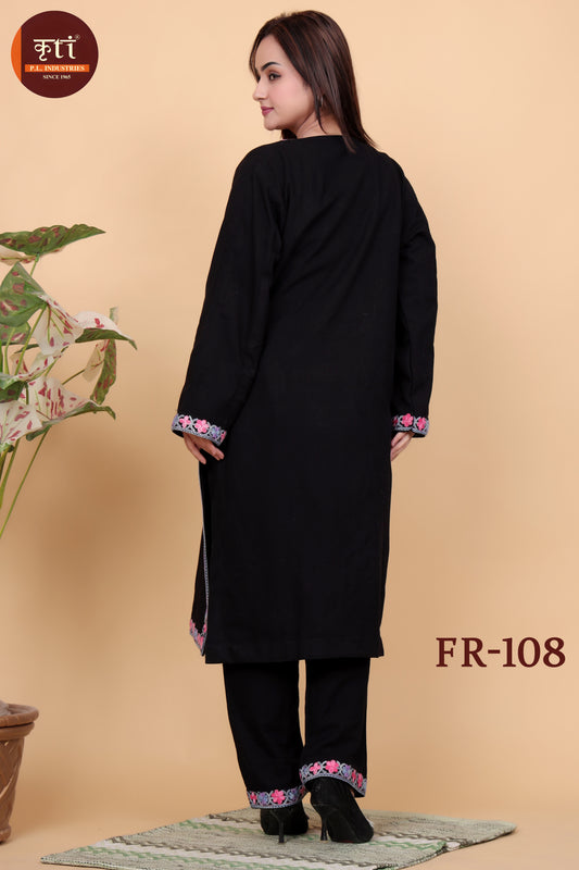 KRITI Winter Kashmiri Floral Embroidery Woollen Phiran Black Color For Women