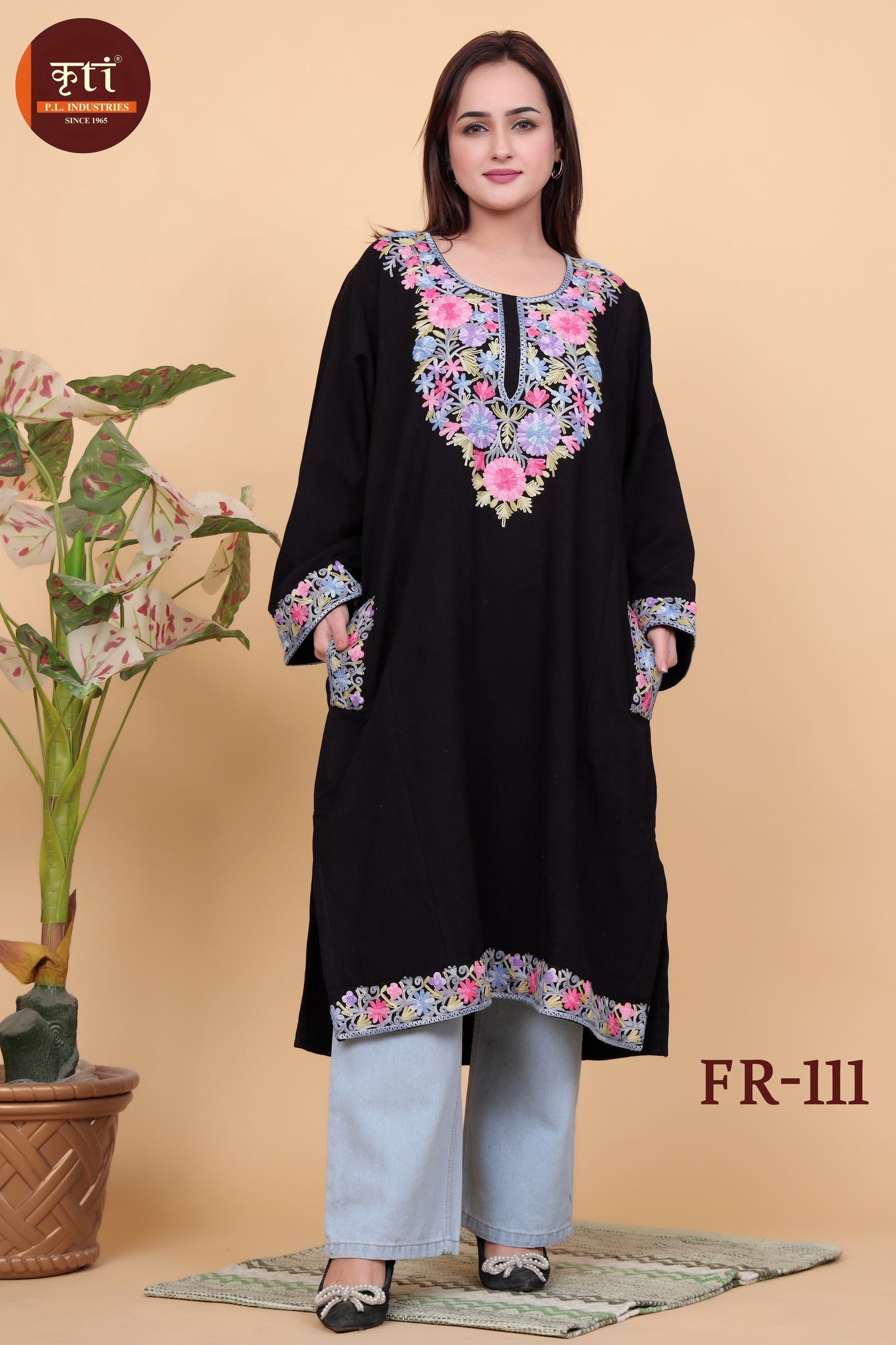 KRITI Kashmiri Floral Embroidery Woollen Phiran Black Color For Women