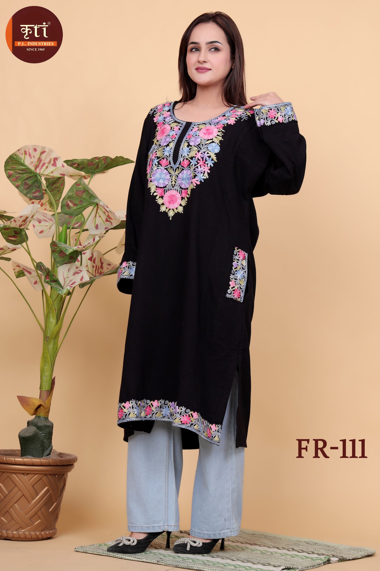 KRITI Kashmiri Floral Embroidery Woollen Phiran Black Color For Women