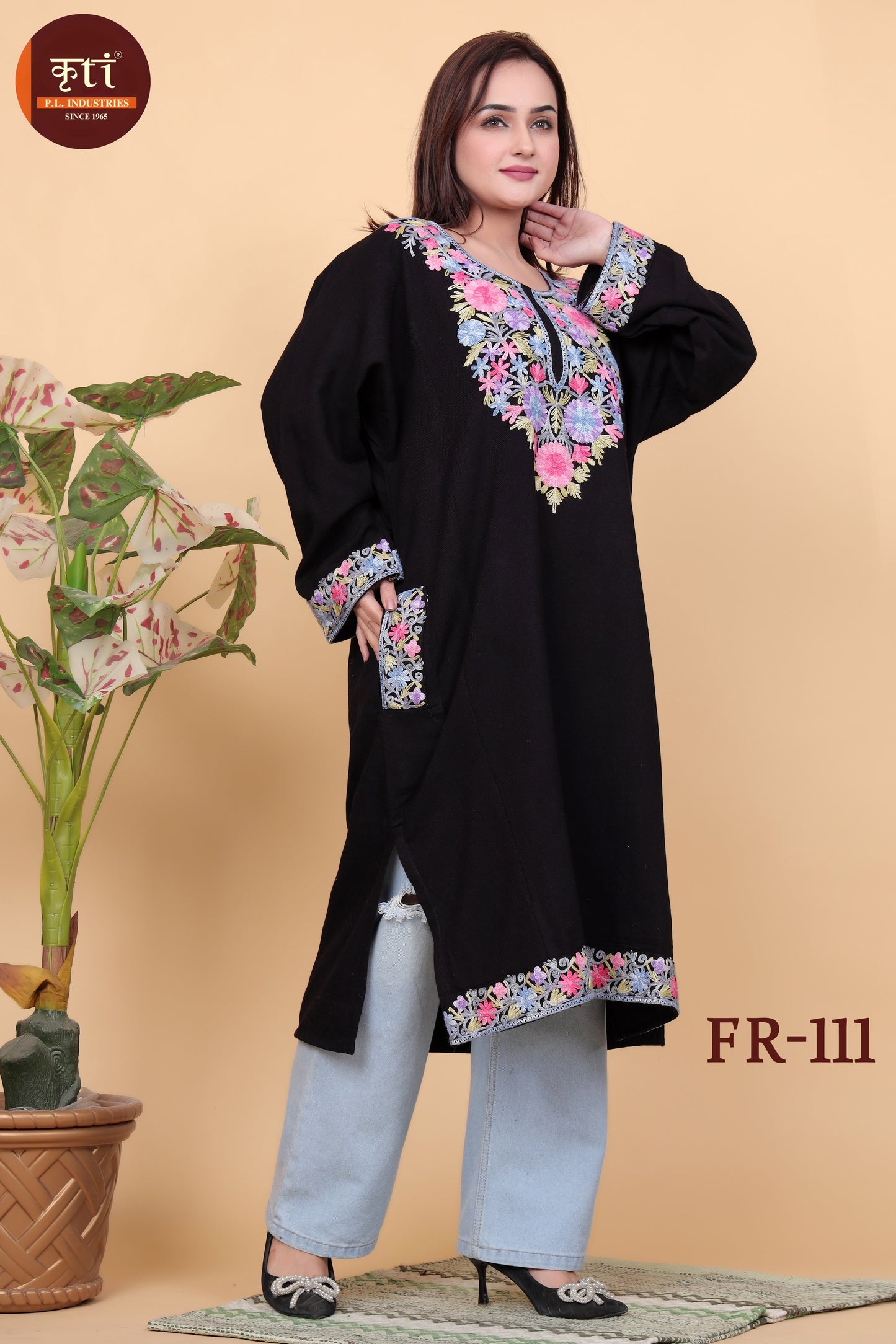 KRITI Kashmiri Floral Embroidery Woollen Phiran Black Color For Women