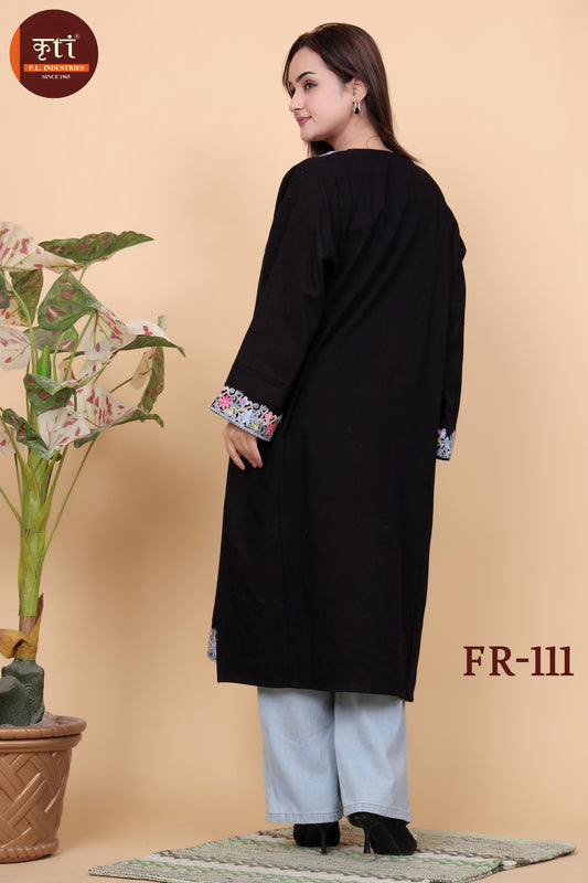 KRITI Kashmiri Floral Embroidery Woollen Phiran Black Color For Women