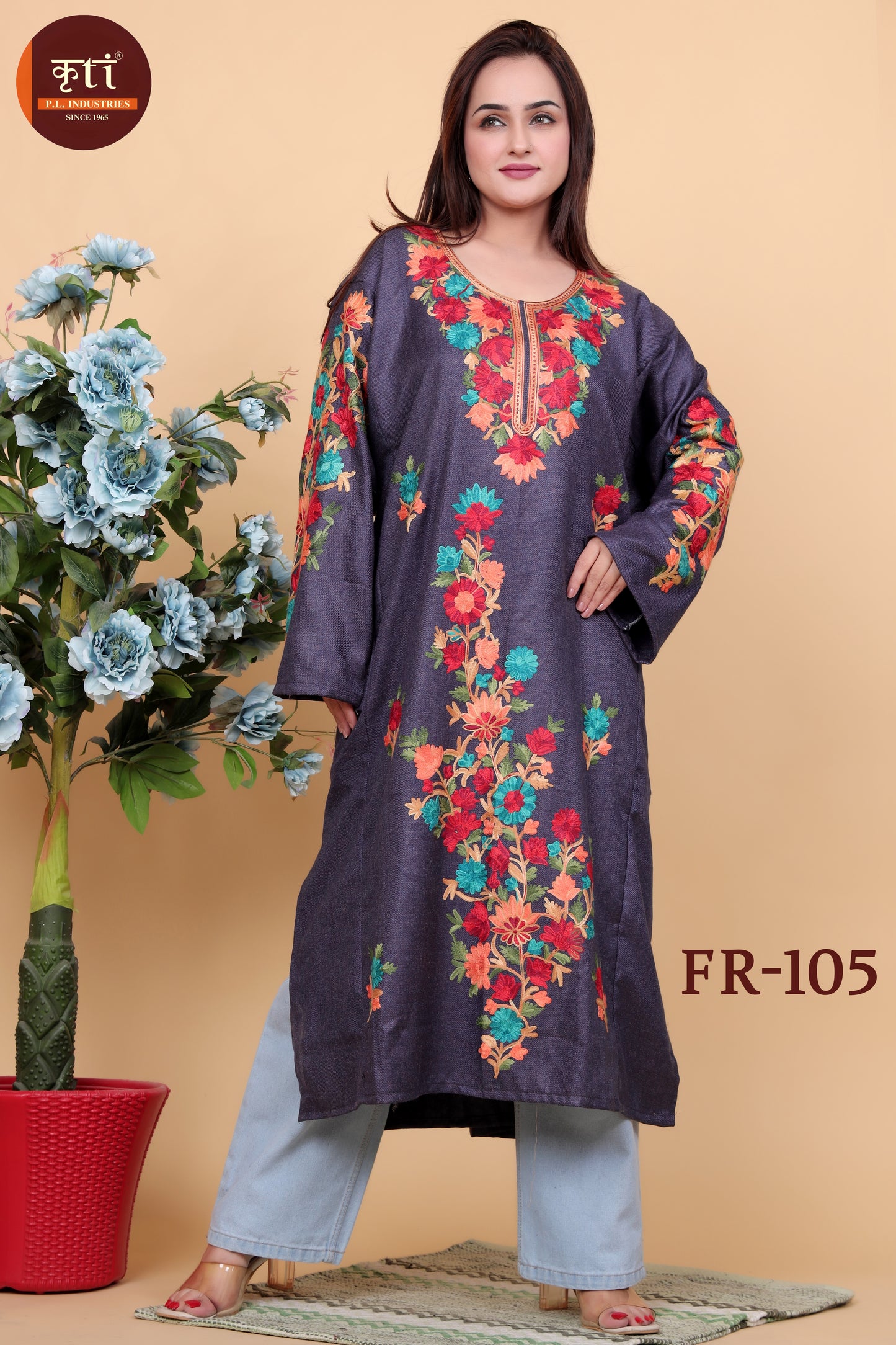 KRITI Floral Embroidery Woollen Phiran Purple Color For Women