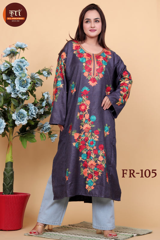 KRITI Floral Embroidery Woollen Phiran Purple Color For Women
