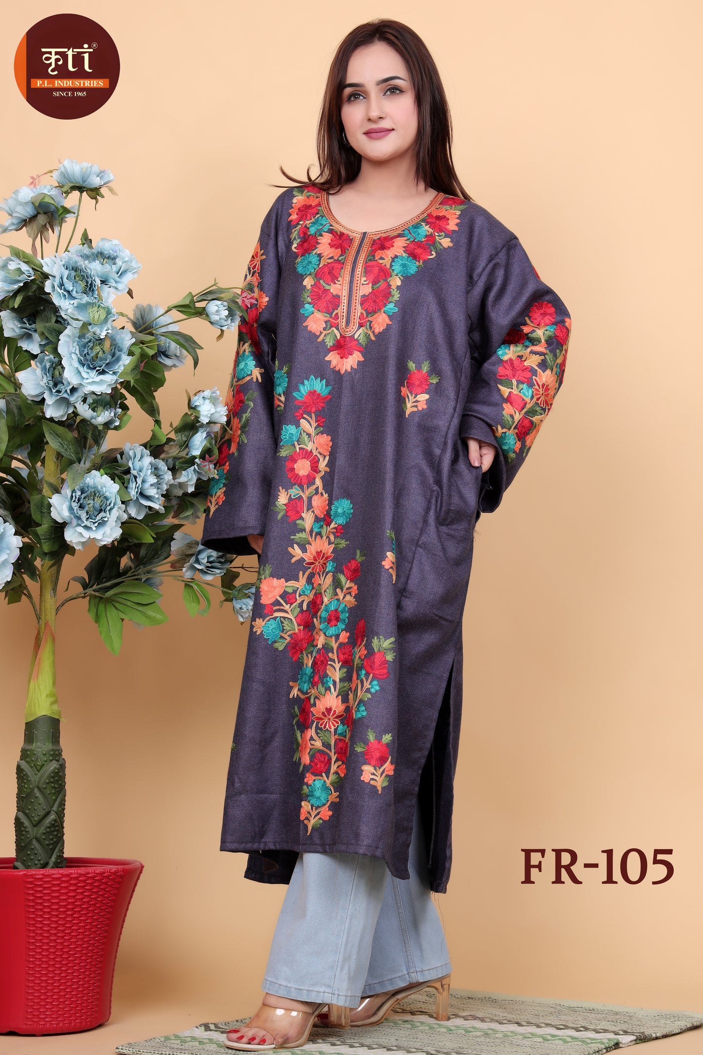 KRITI Floral Embroidery Woollen Phiran Purple Color For Women