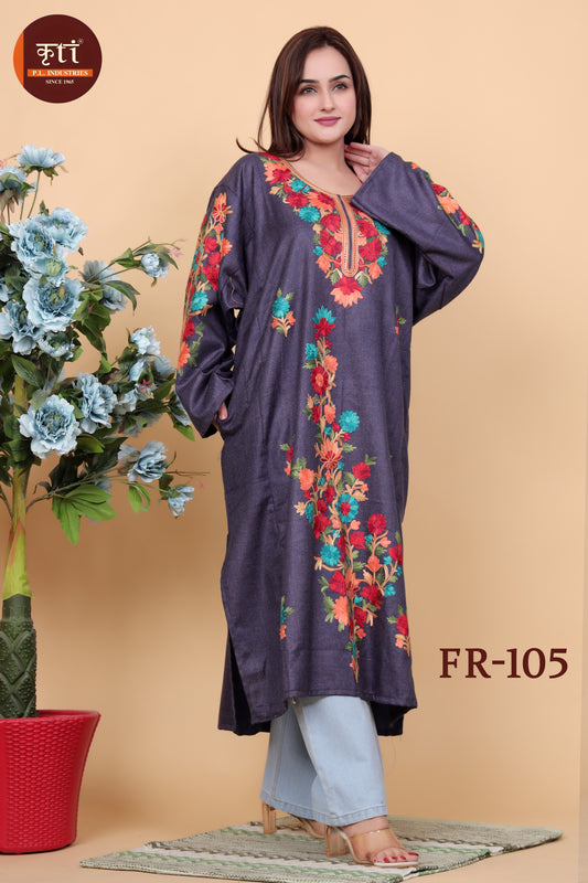 KRITI Floral Embroidery Woollen Phiran Purple Color For Women
