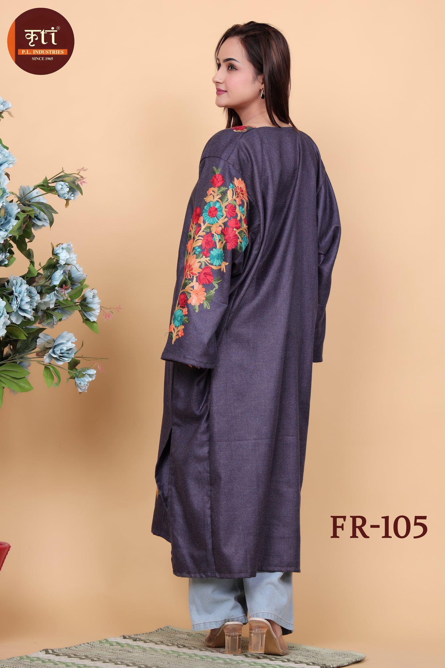 KRITI Floral Embroidery Woollen Phiran Purple Color For Women