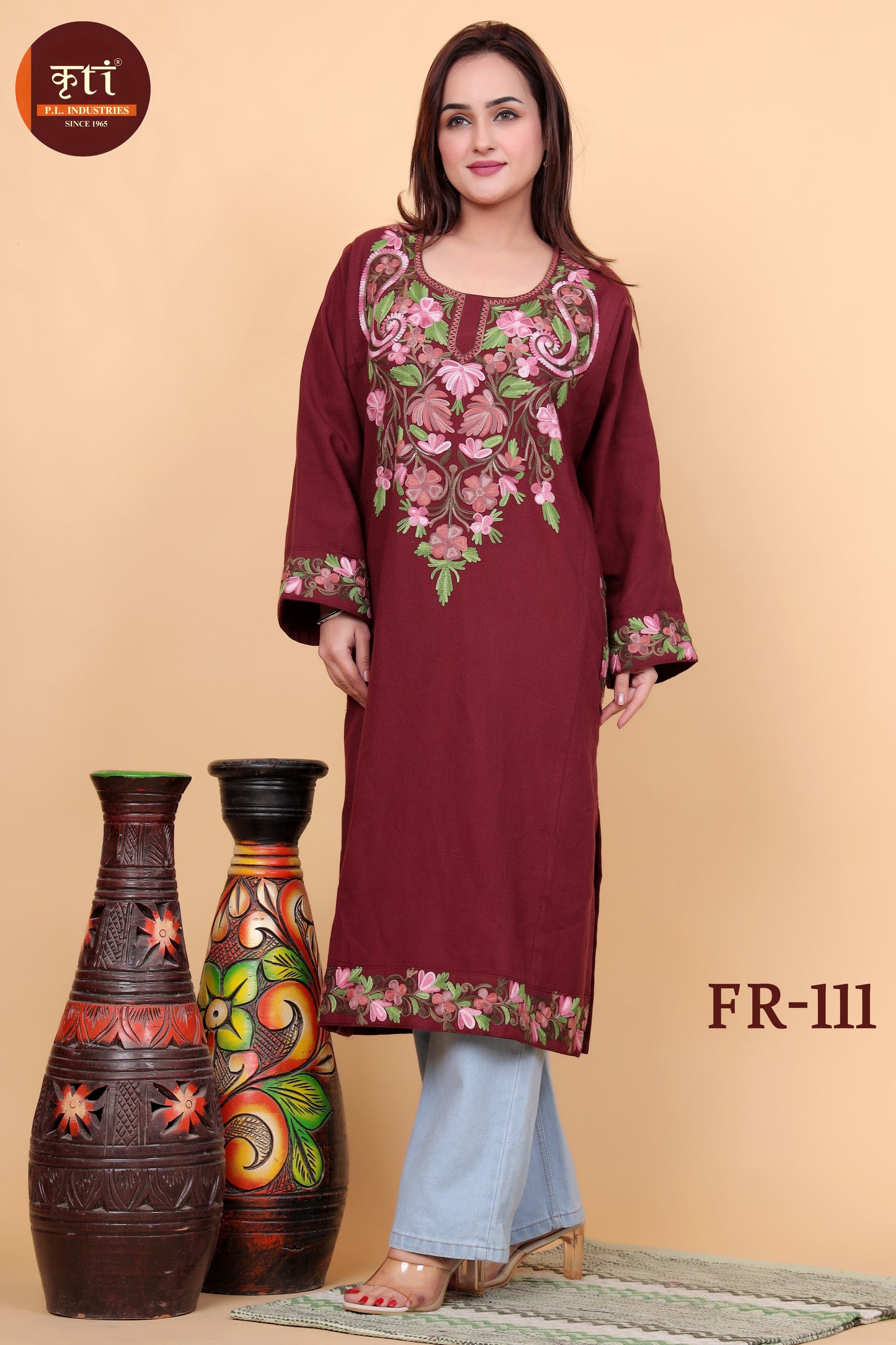 KRITI Floral Embroidery Woollen Phiran Maroon Color For Women
