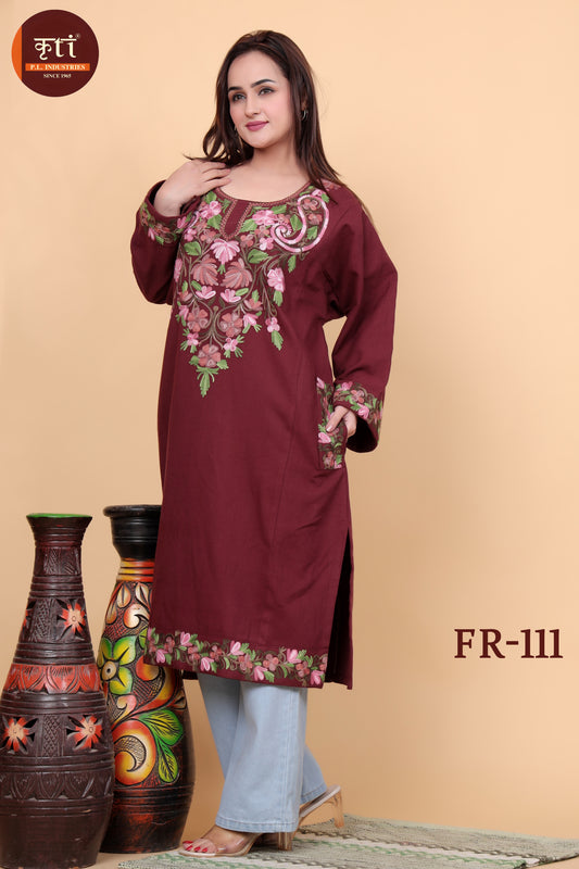 KRITI Floral Embroidery Woollen Phiran Maroon Color For Women