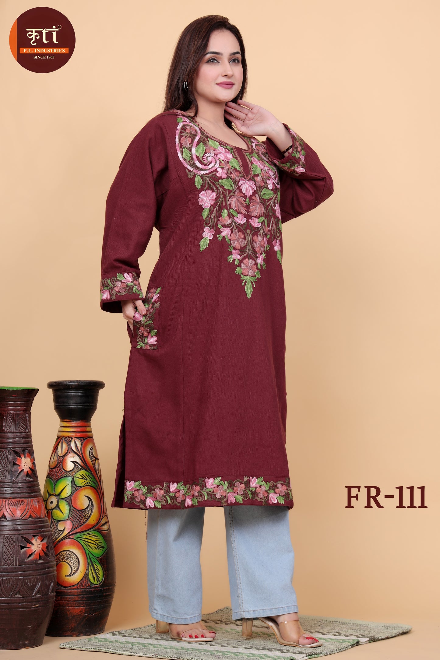 KRITI Floral Embroidery Woollen Phiran Maroon Color For Women