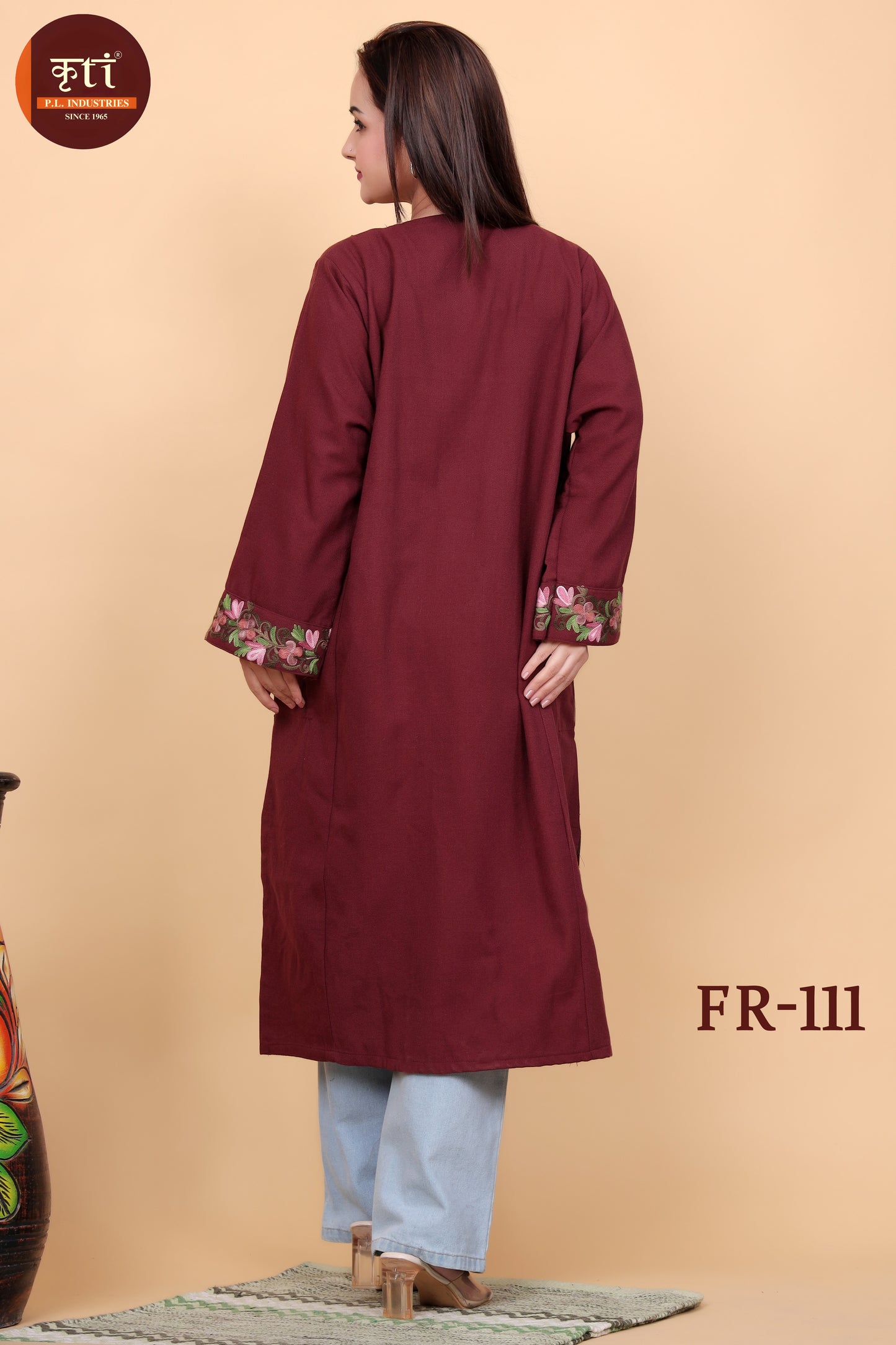 KRITI Floral Embroidery Woollen Phiran Maroon Color For Women